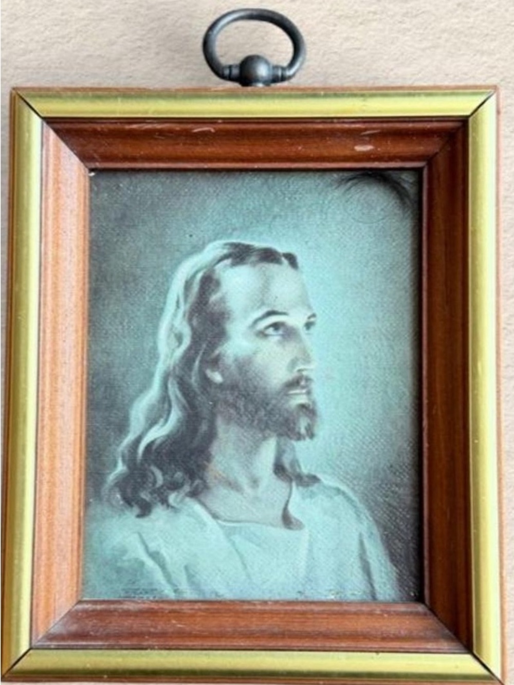 Framed Religious Portrait in Brown and Gold